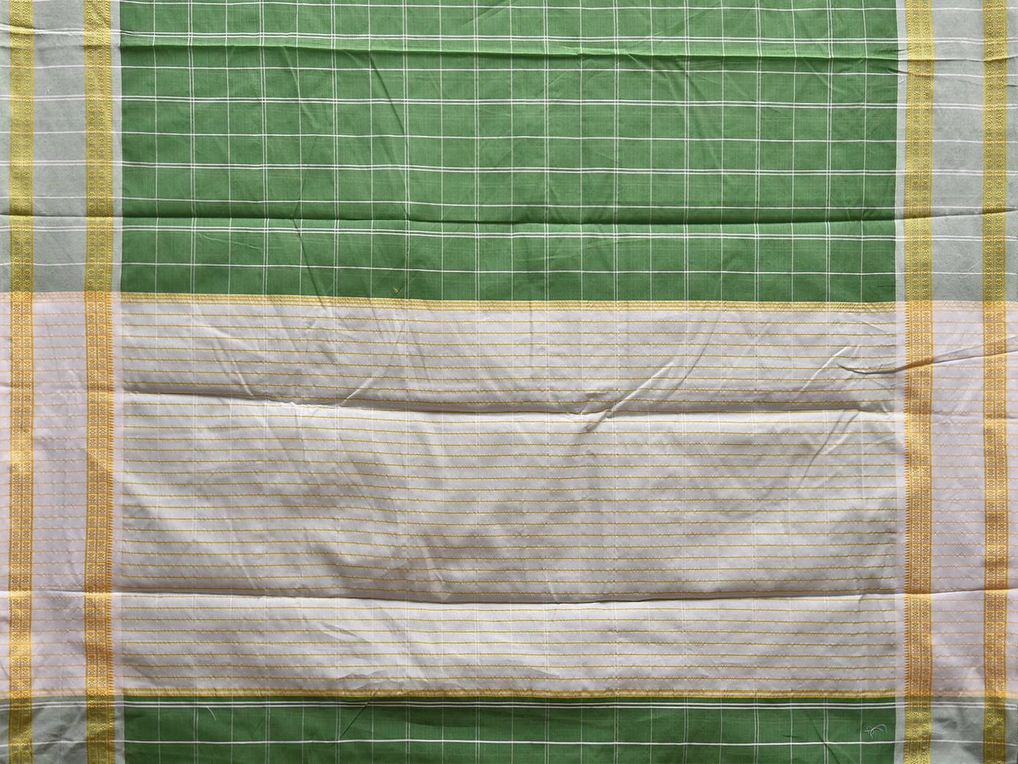 Green and White Bamboo Cotton Saree with Big Checks Design No Blouse bc0643