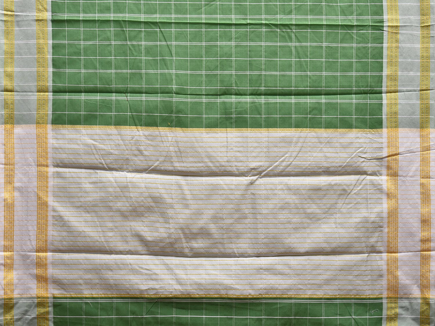 Green and White Bamboo Cotton Saree with Big Checks Design No Blouse bc0643