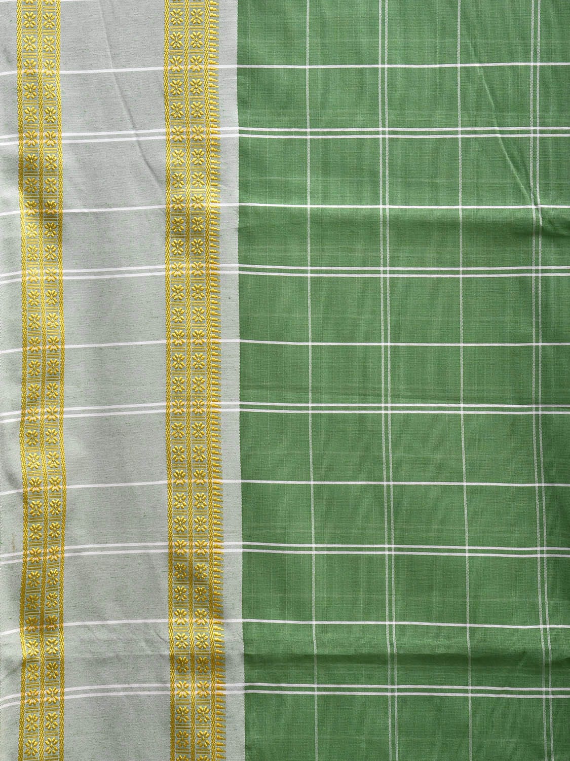 Green and White Bamboo Cotton Saree with Big Checks Design No Blouse bc0643