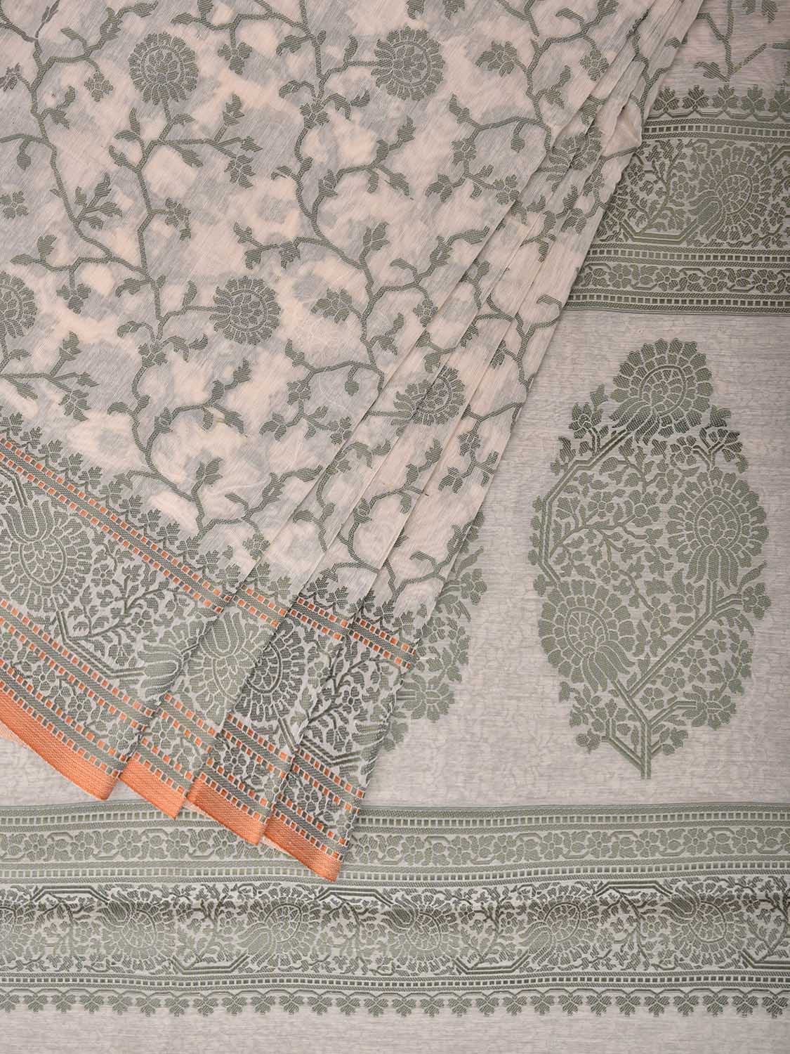 Green and White Dhakai Jamdani Cotton Viscose Saree with Floral Body and Pallu Design dj0037