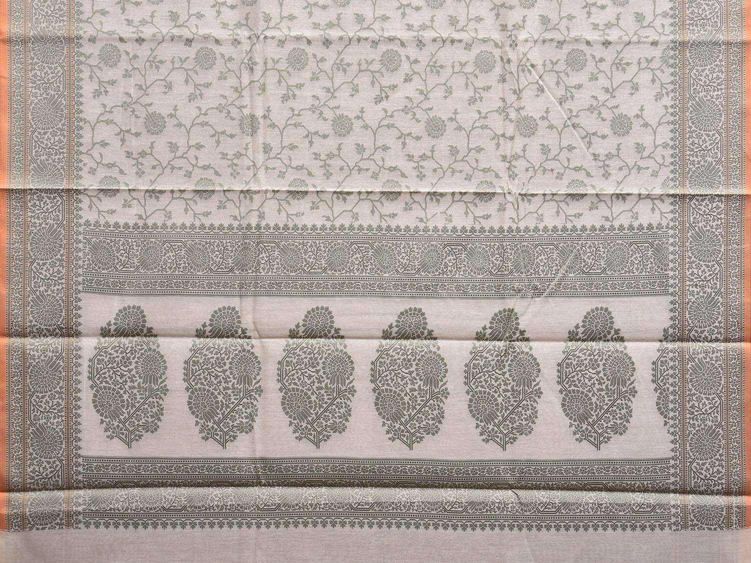 Green and White Dhakai Jamdani Cotton Viscose Saree with Floral Body and Pallu Design dj0037