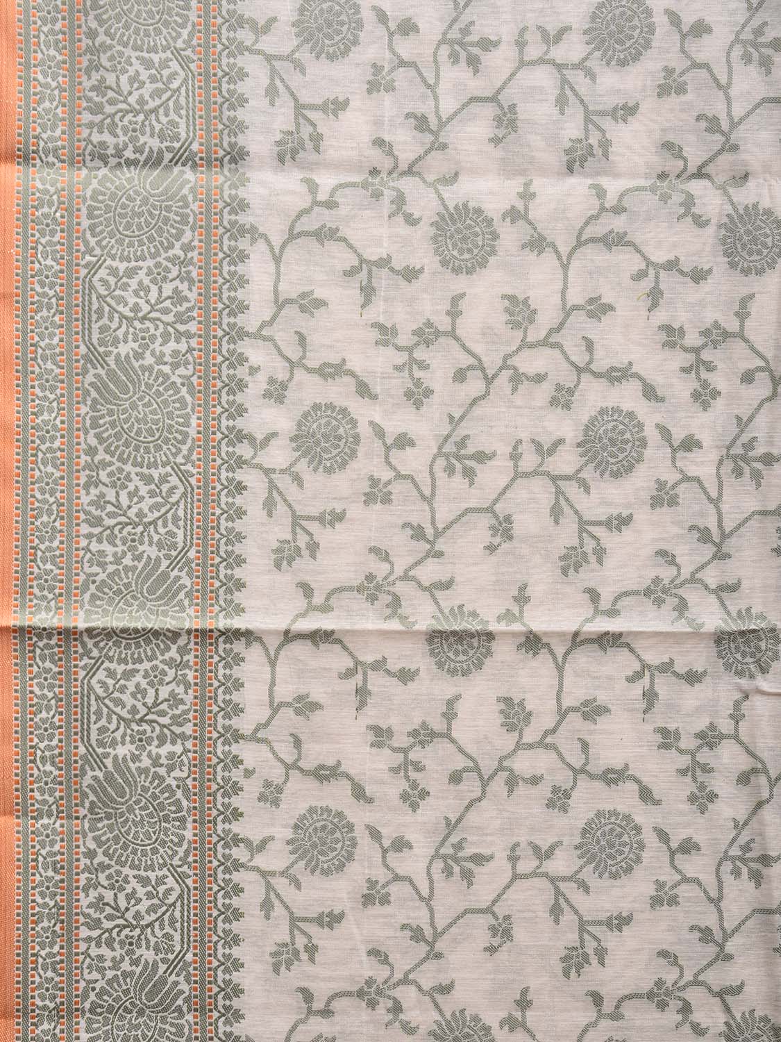 Green and White Dhakai Jamdani Cotton Viscose Saree with Floral Body and Pallu Design dj0037