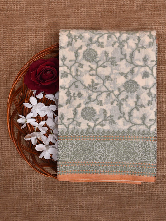 Green and White Dhakai Jamdani Cotton Viscose Saree with Floral Body and Pallu Design dj0037