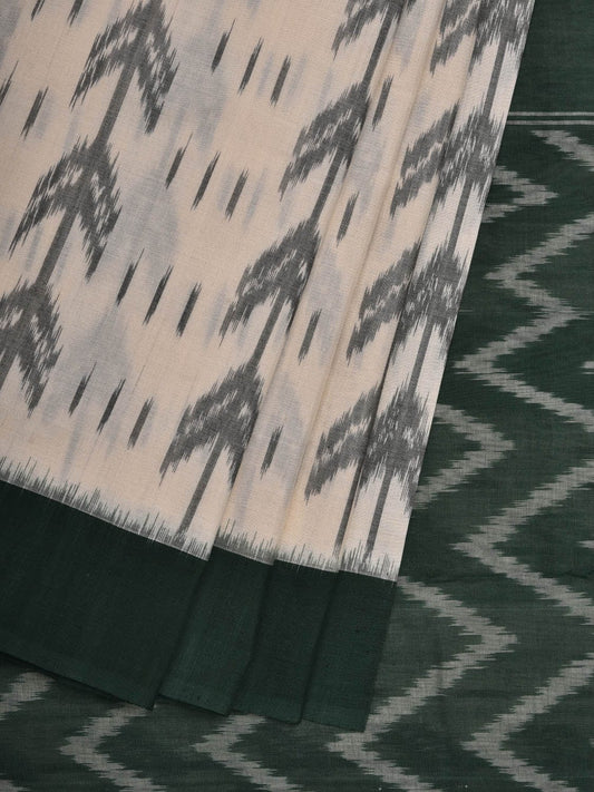 Green and White Pochampally Ikat Cotton Handloom Saree with Arrow Head Design i0656