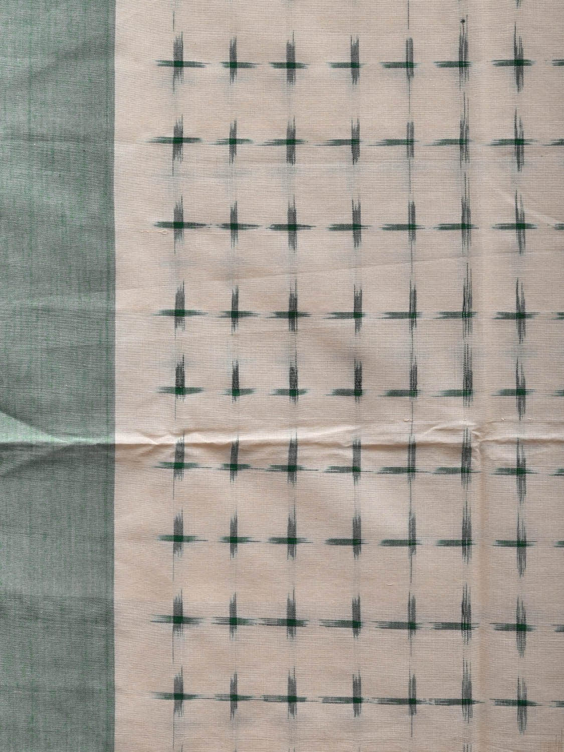 Green and White Pochampally Ikat Cotton Handloom Saree with Plus Buta Design i0669