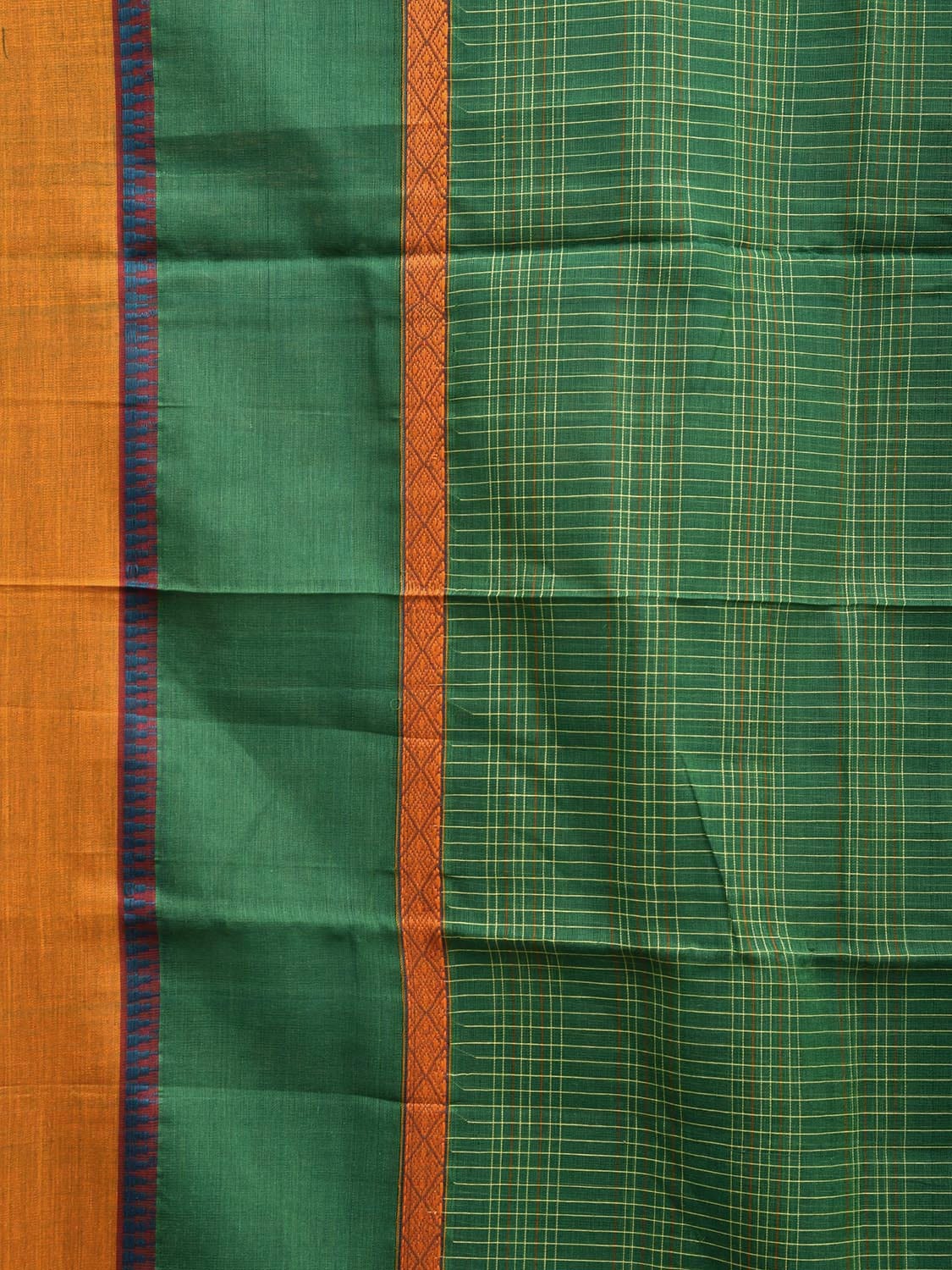 Green and Yellow Narayanpet Cotton Handloom Saree with Big Border and Strips Design No Blouse np1049