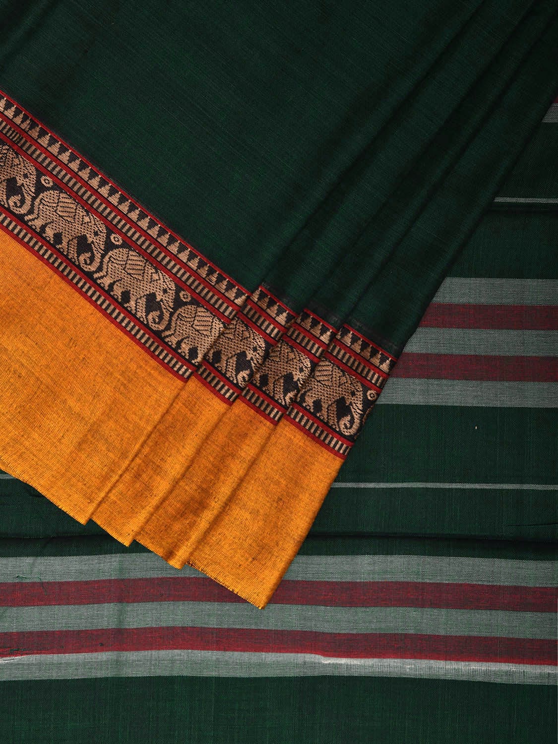 Green and Yellow Narayanpet Cotton Plain Saree with Strips and Elephant Border Design No Blouse np1097