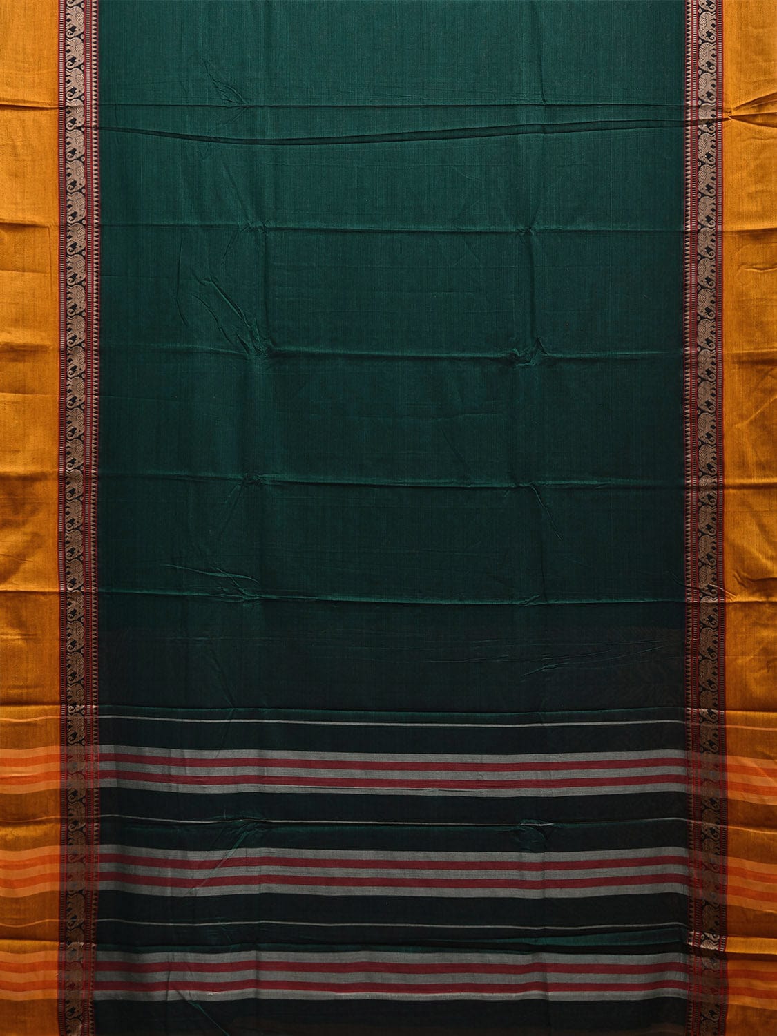 Green and Yellow Narayanpet Cotton Plain Saree with Strips and Elephant Border Design No Blouse np1097