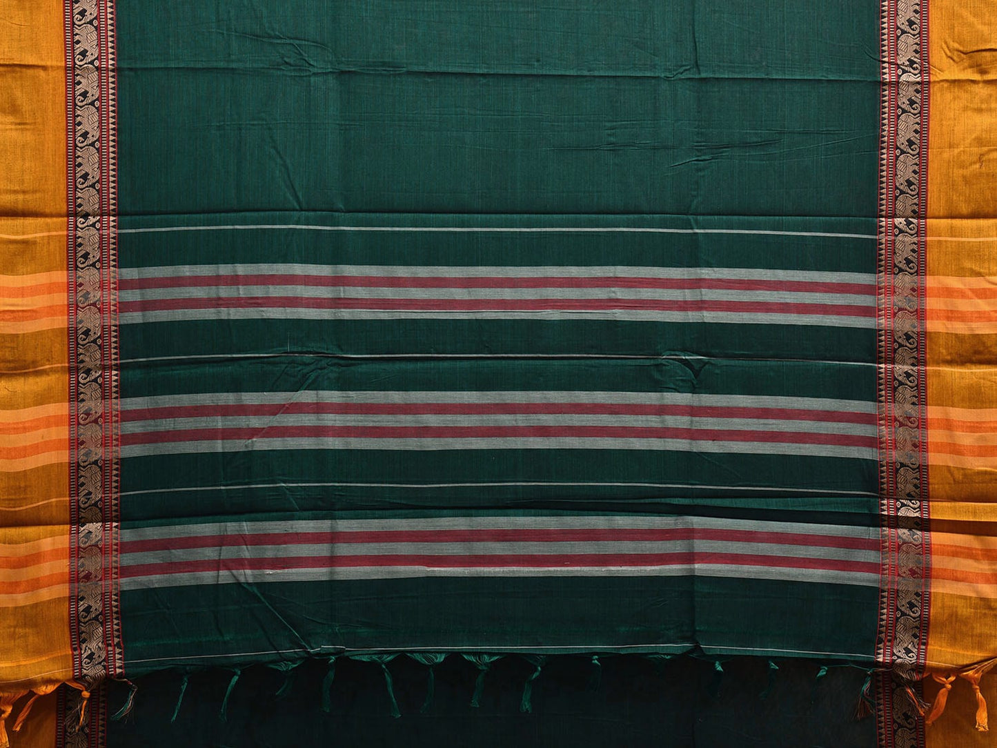 Green and Yellow Narayanpet Cotton Plain Saree with Strips and Elephant Border Design No Blouse np1097