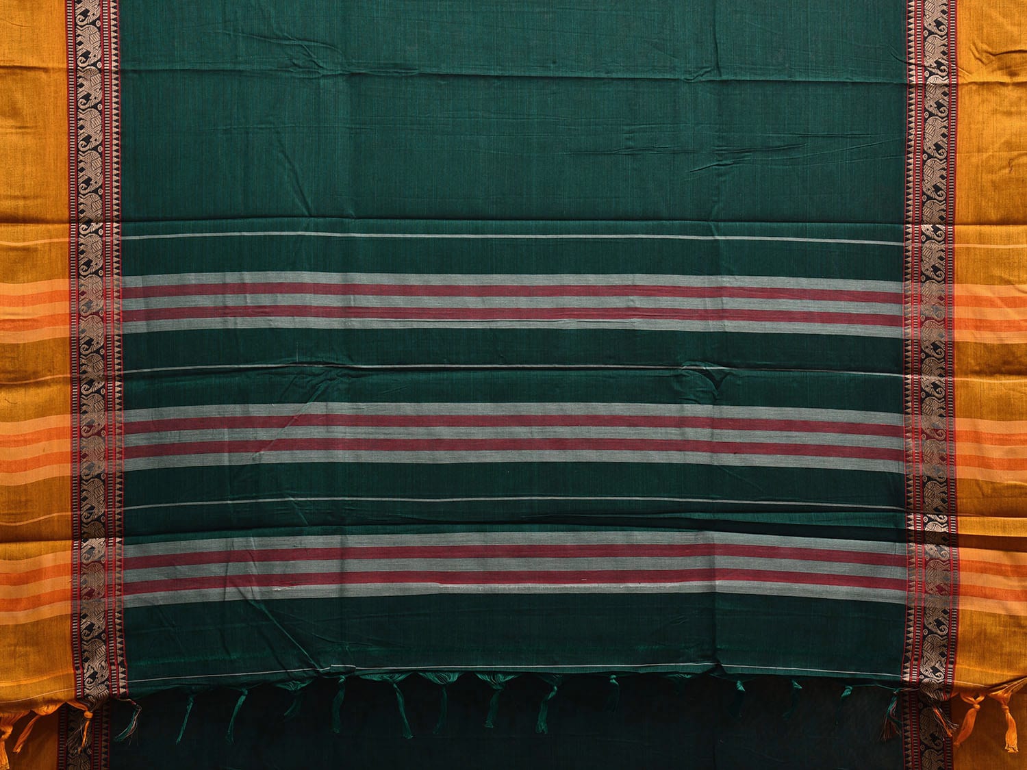 Green and Yellow Narayanpet Cotton Plain Saree with Strips and Elephant Border Design No Blouse np1097