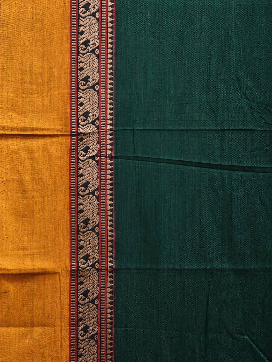 Green and Yellow Narayanpet Cotton Plain Saree with Strips and Elephant Border Design No Blouse np1097