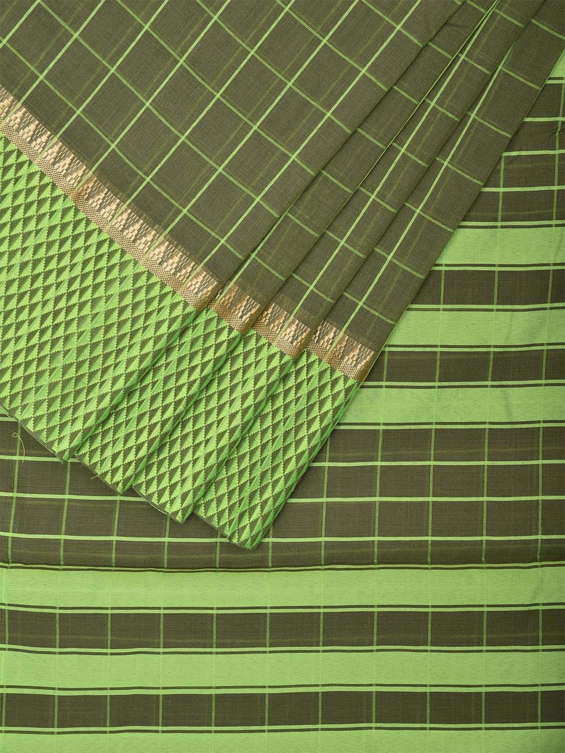 Green Bamboo Cotton Saree with Big Checks Design No Blouse bc0616