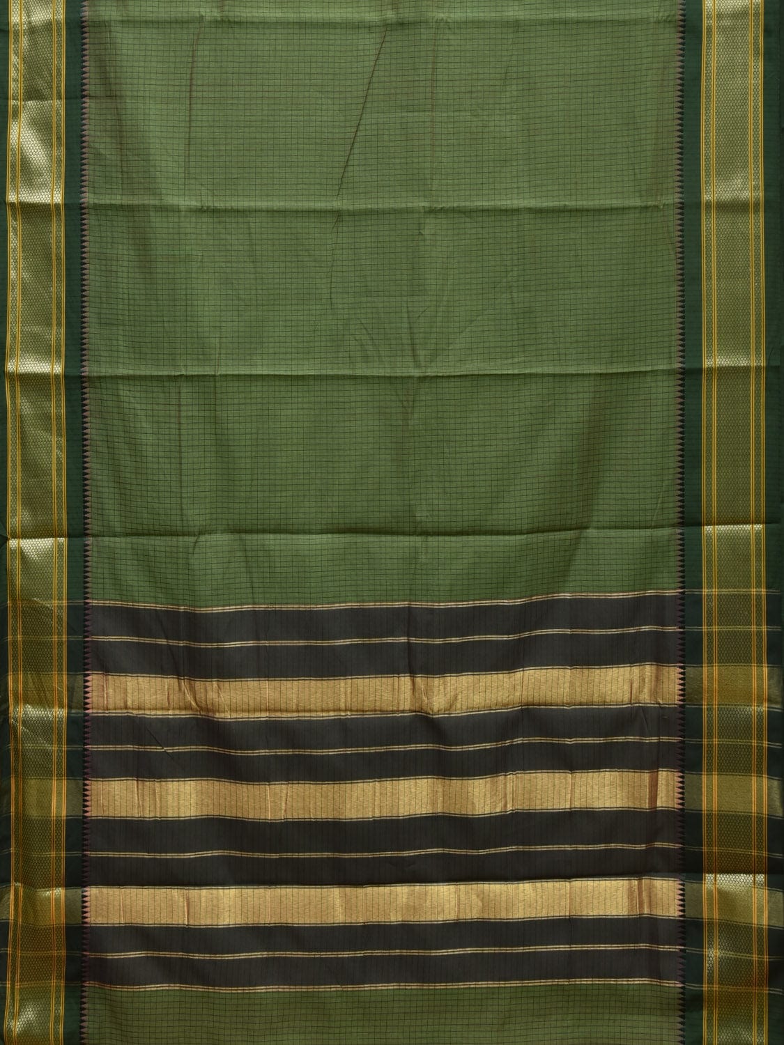 Green Bamboo Cotton Saree with Checks and Strips Pallu Design No Blouse bc0276