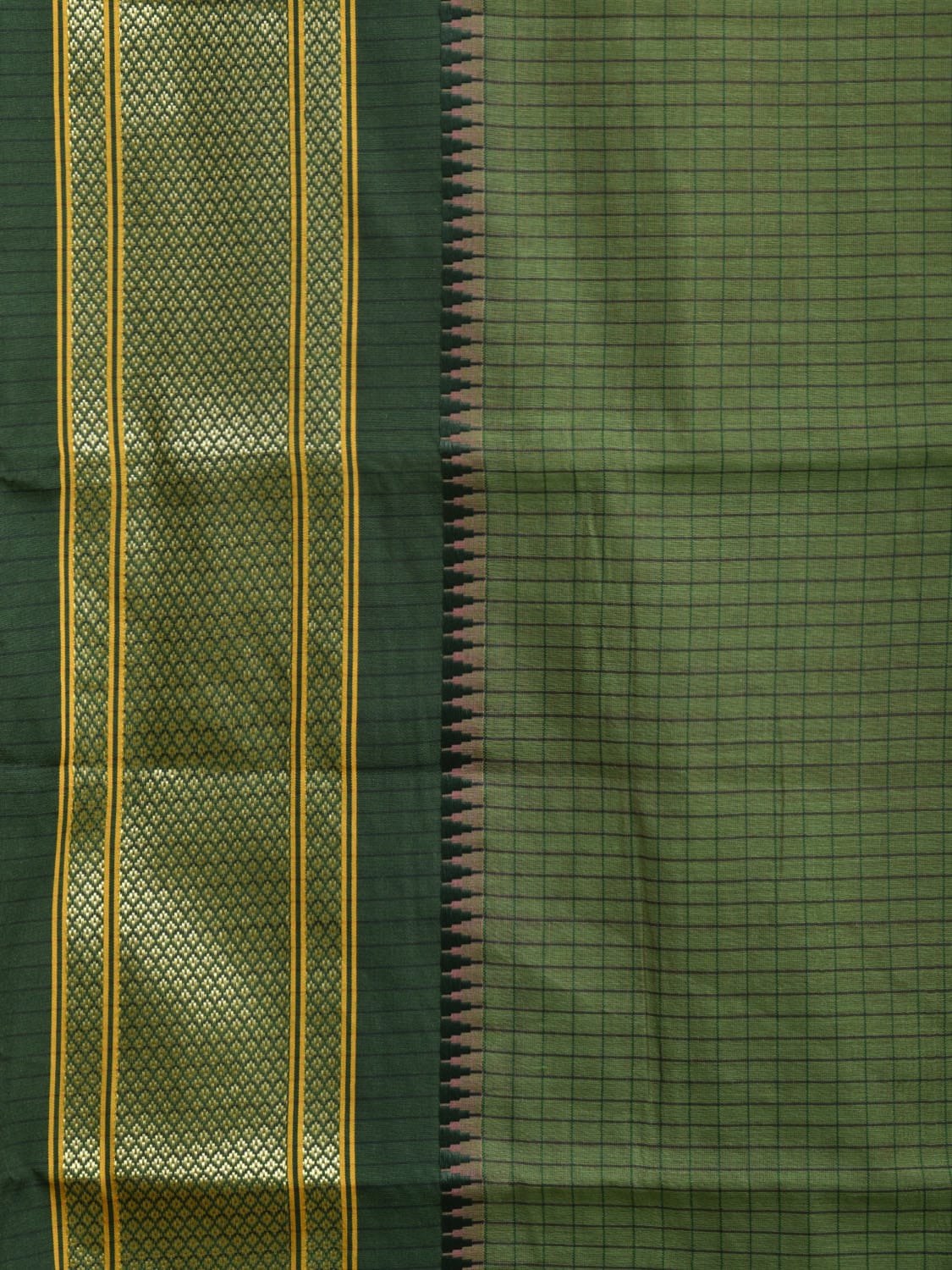 Green Bamboo Cotton Saree with Checks and Strips Pallu Design No Blouse bc0276