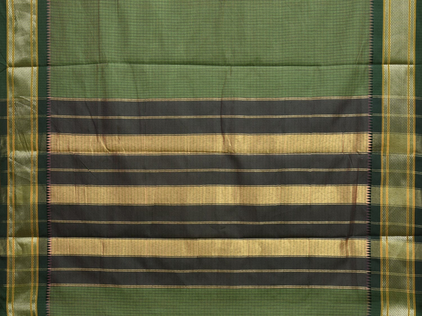 Green Bamboo Cotton Saree with Checks and Strips Pallu Design No Blouse bc0276