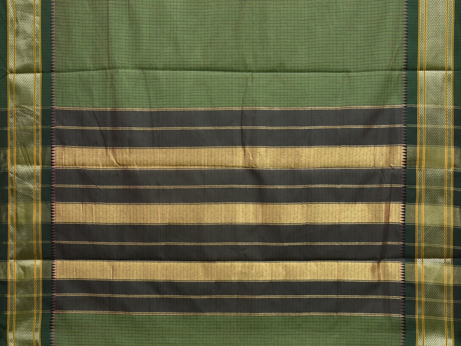 Green Bamboo Cotton Saree with Checks and Strips Pallu Design No Blouse bc0276