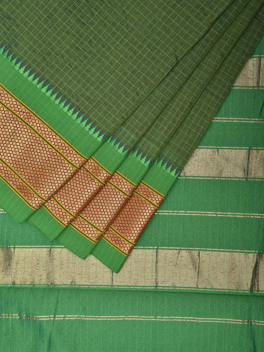 Green Bamboo Cotton Saree with Checks Design and Narali Border No Blouse bc0561