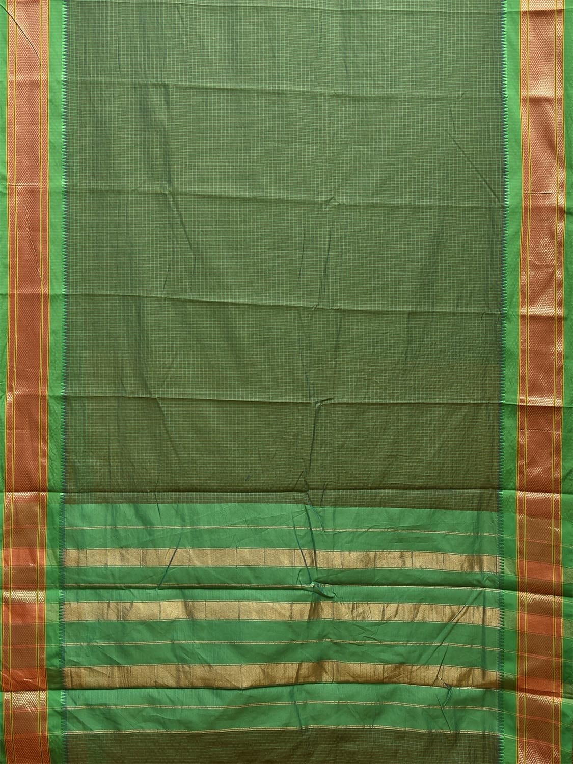Green Bamboo Cotton Saree with Checks Design and Narali Border No Blouse bc0561