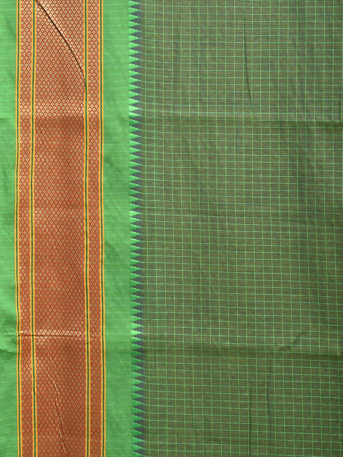 Green Bamboo Cotton Saree with Checks Design and Narali Border No Blouse bc0561