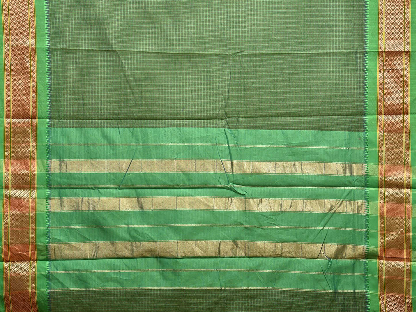 Green Bamboo Cotton Saree with Checks Design and Narali Border No Blouse bc0561