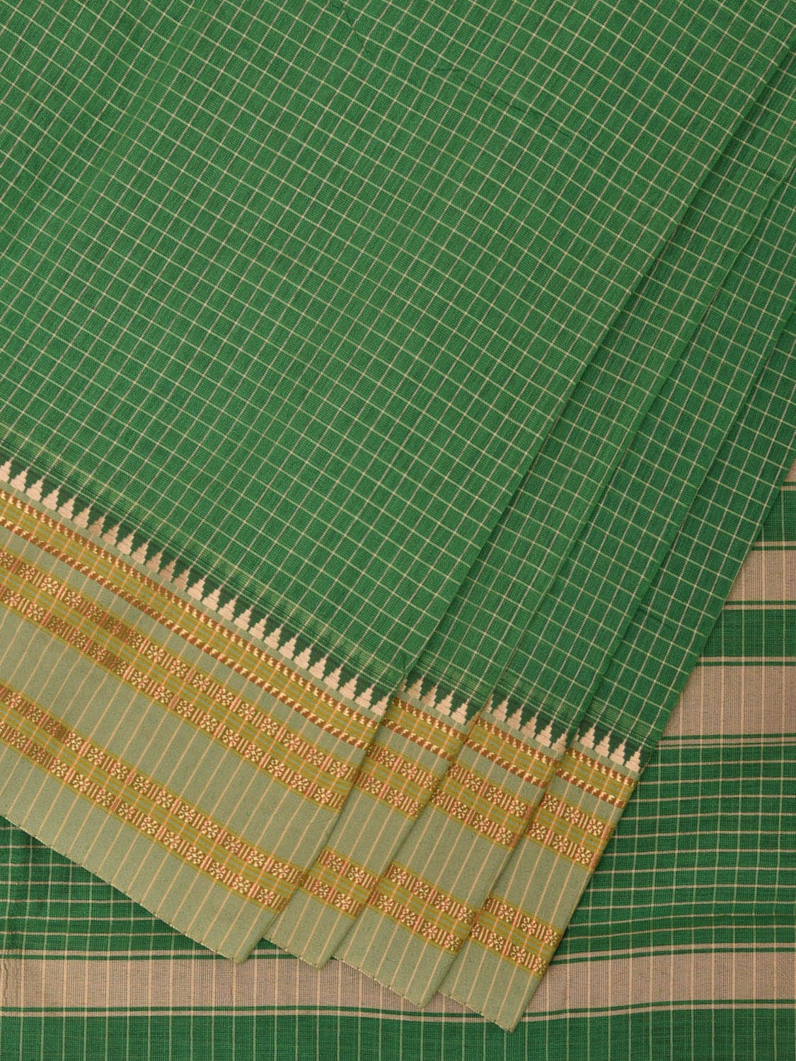 Green Bamboo Cotton Saree with Checks Design No Blouse bc0296