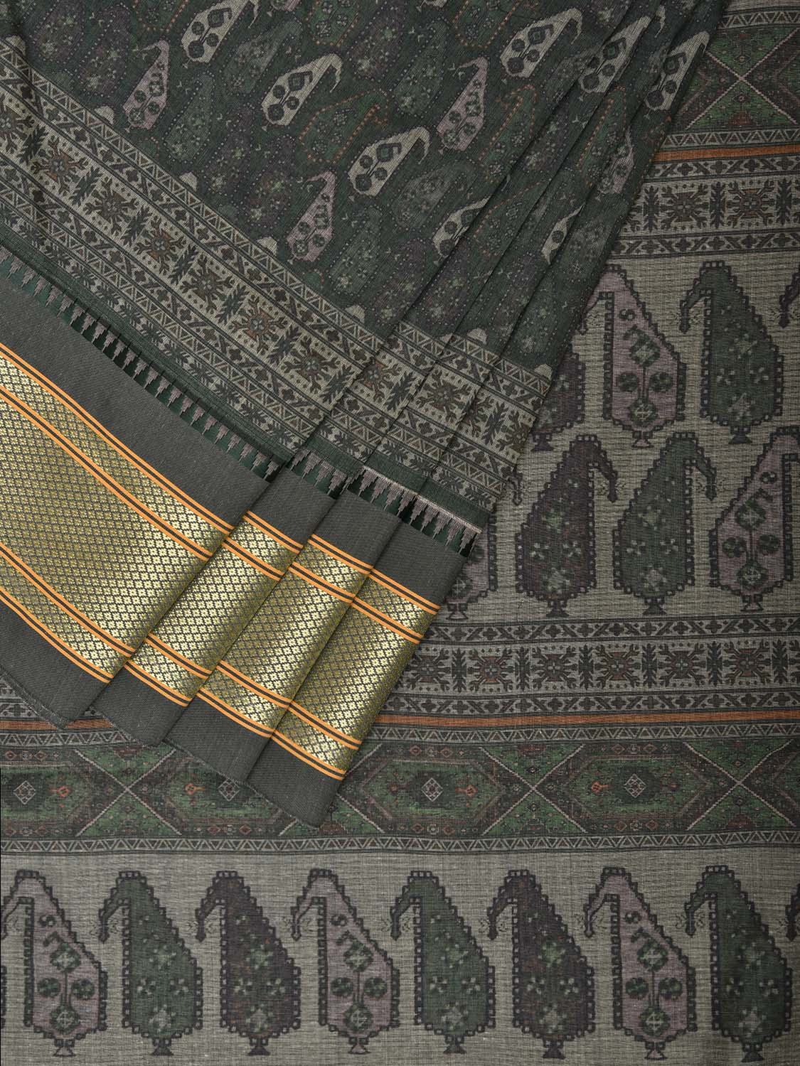 Green Bamboo Cotton Saree with DIgital Print Design bc0661