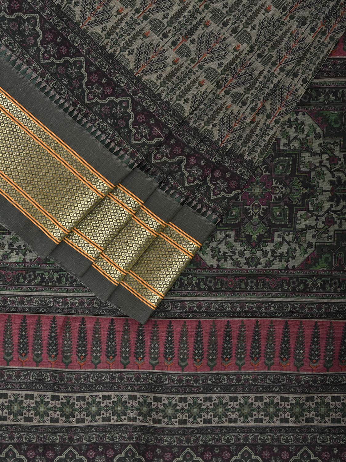 Green Bamboo Cotton Saree with Digital Print Design bc0759