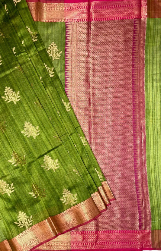 Green Banaras Fancy Khadi Zari Border Body Butta and Pallu Design b0171ds
