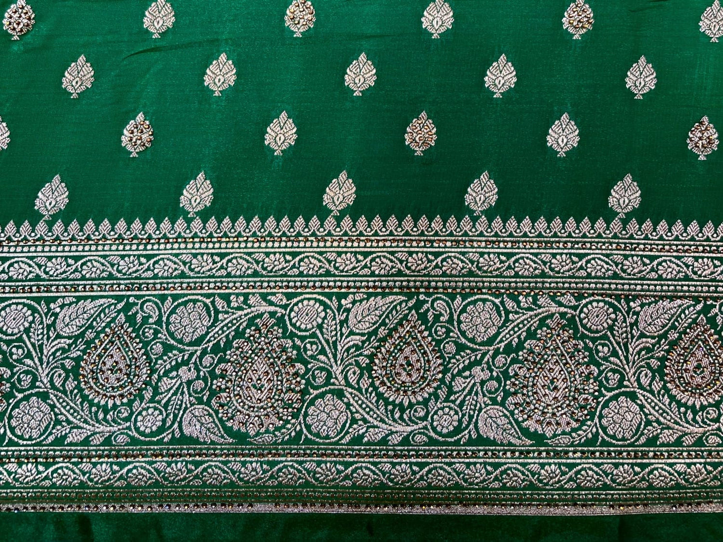 Green Banaras Katan Silk Saree with Body Butti and Stone Work Design b0383ds