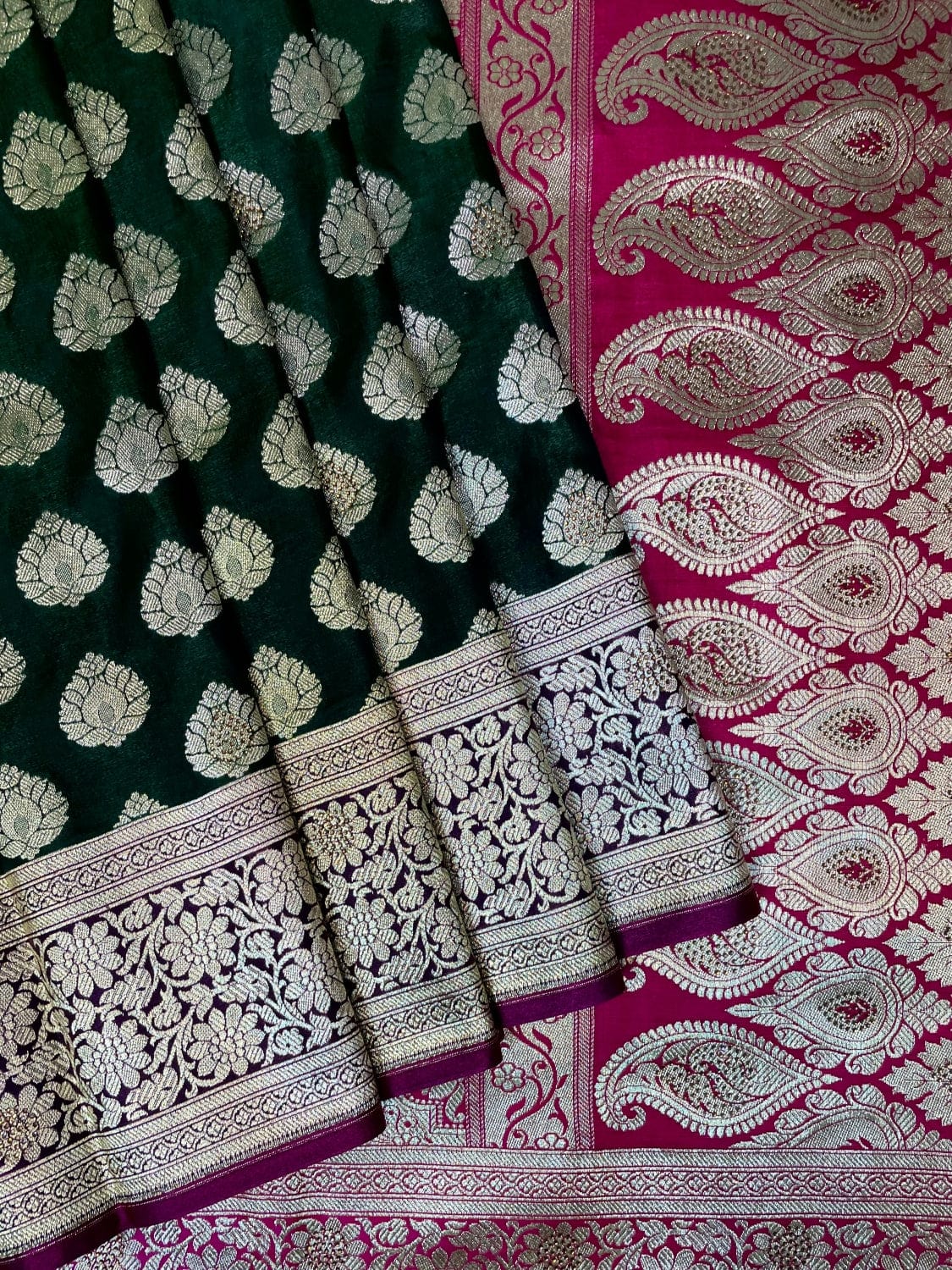 Green Banaras Katan Silk Saree with Body Butti and Stone Work Design b0395ds