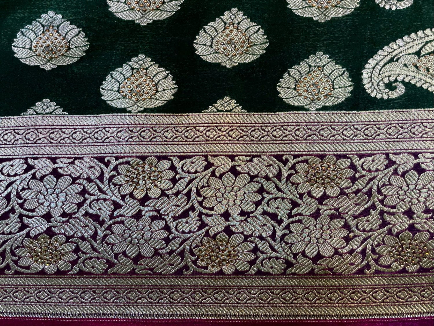 Green Banaras Katan Silk Saree with Body Butti and Stone Work Design b0395ds