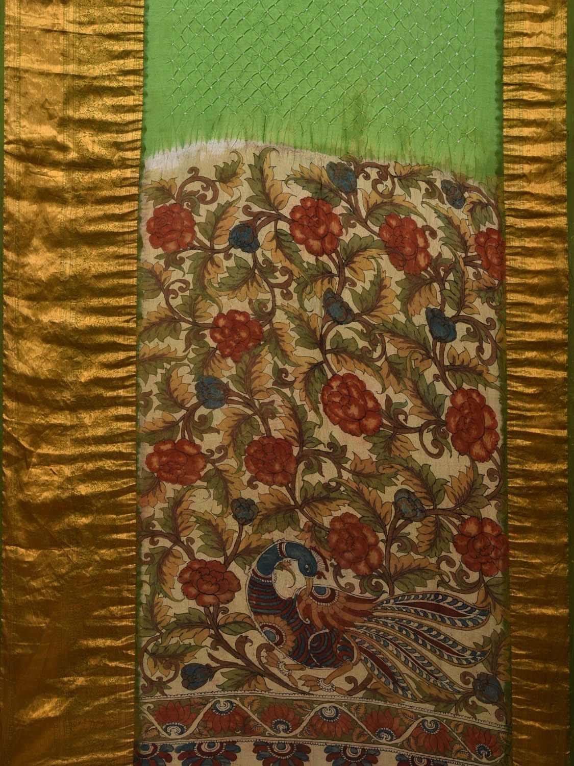 Green Bandhani Kanchipuram Silk Handloom Saree with Kalamkari Hand Painted Pallu and Blouse Design bn0438