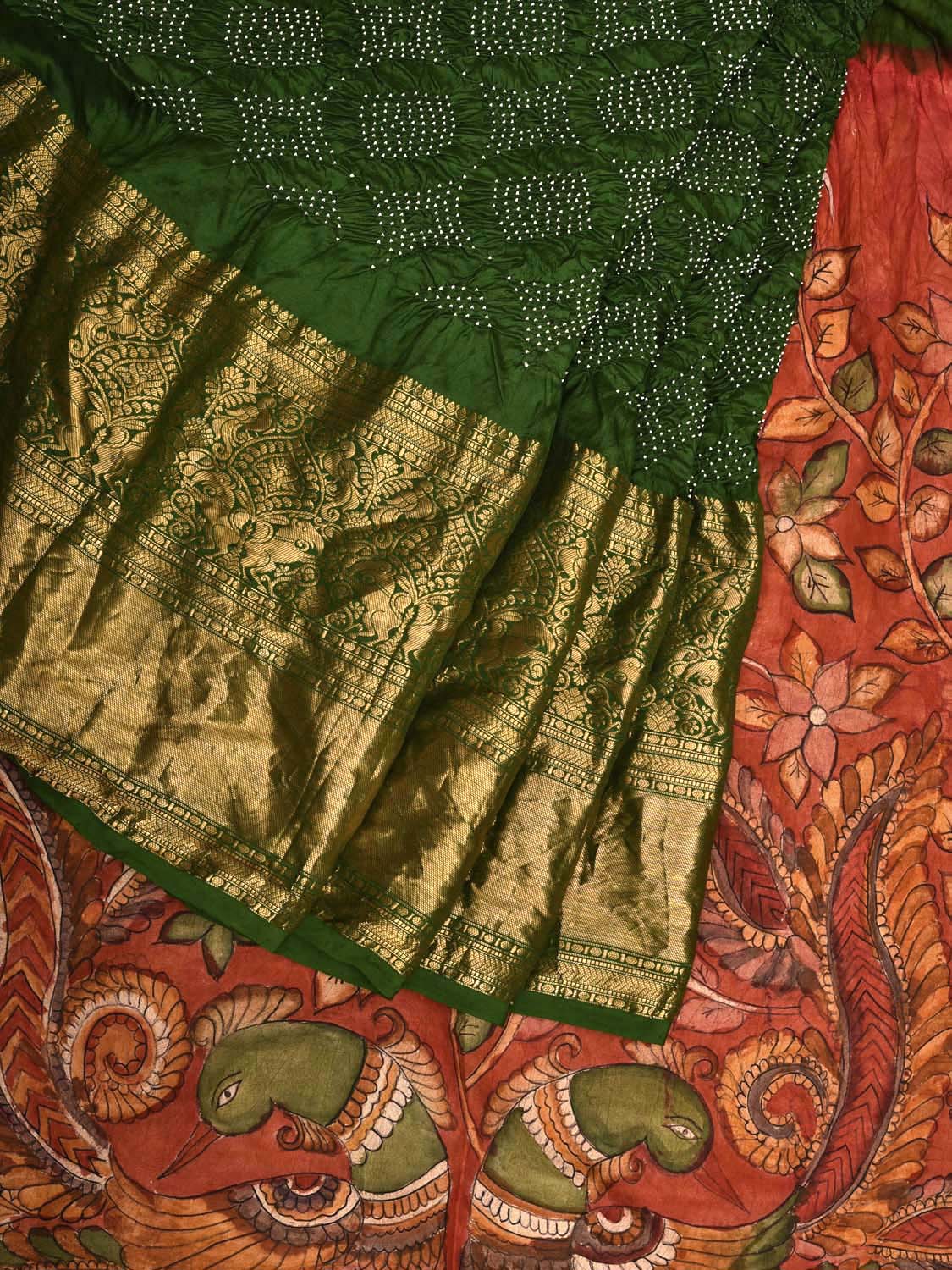 Green Bandhani Kanchipuram Silk Handloom Saree with Kalamkari Pallu and Blouse Design bn0462