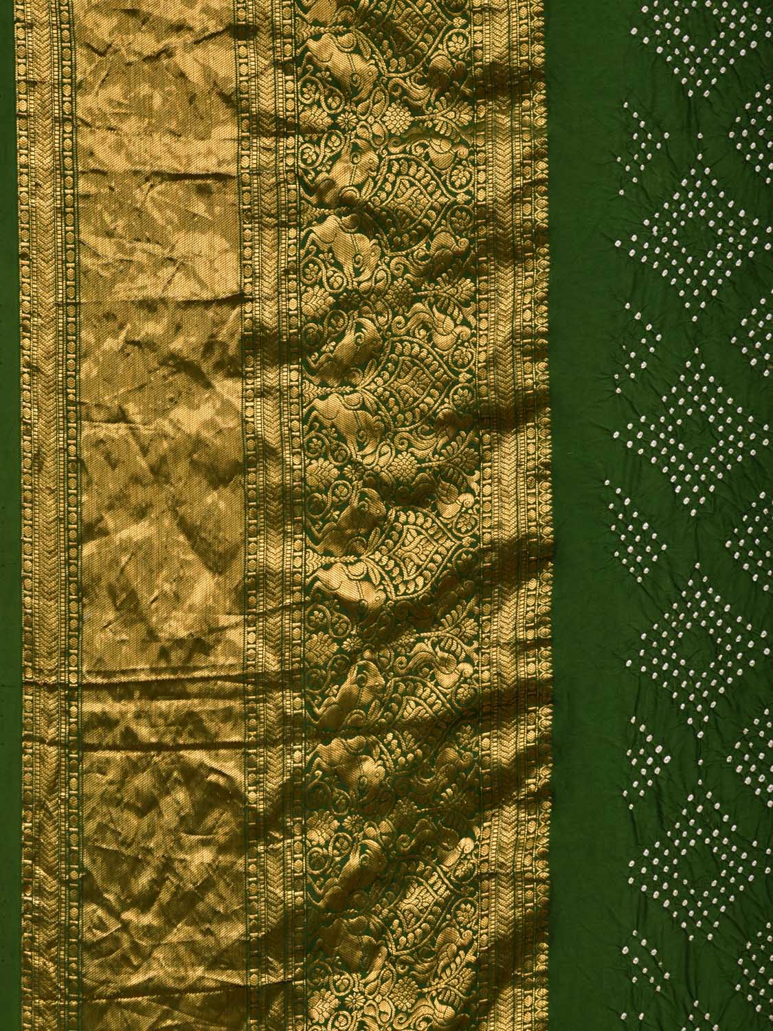 Green Bandhani Kanchipuram Silk Handloom Saree with Kalamkari Pallu and Blouse Design bn0462