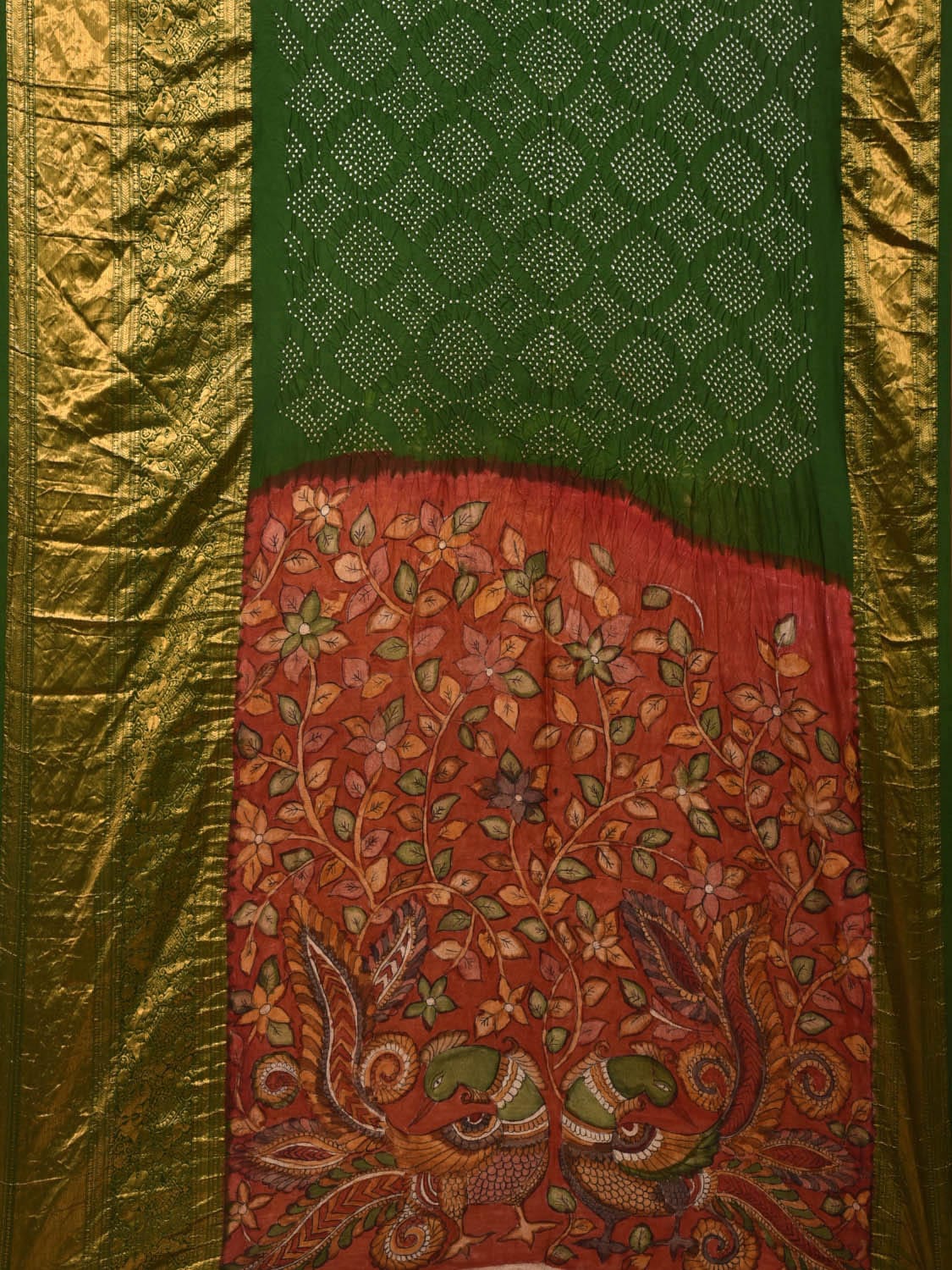Green Bandhani Kanchipuram Silk Handloom Saree with Kalamkari Pallu and Blouse Design bn0462