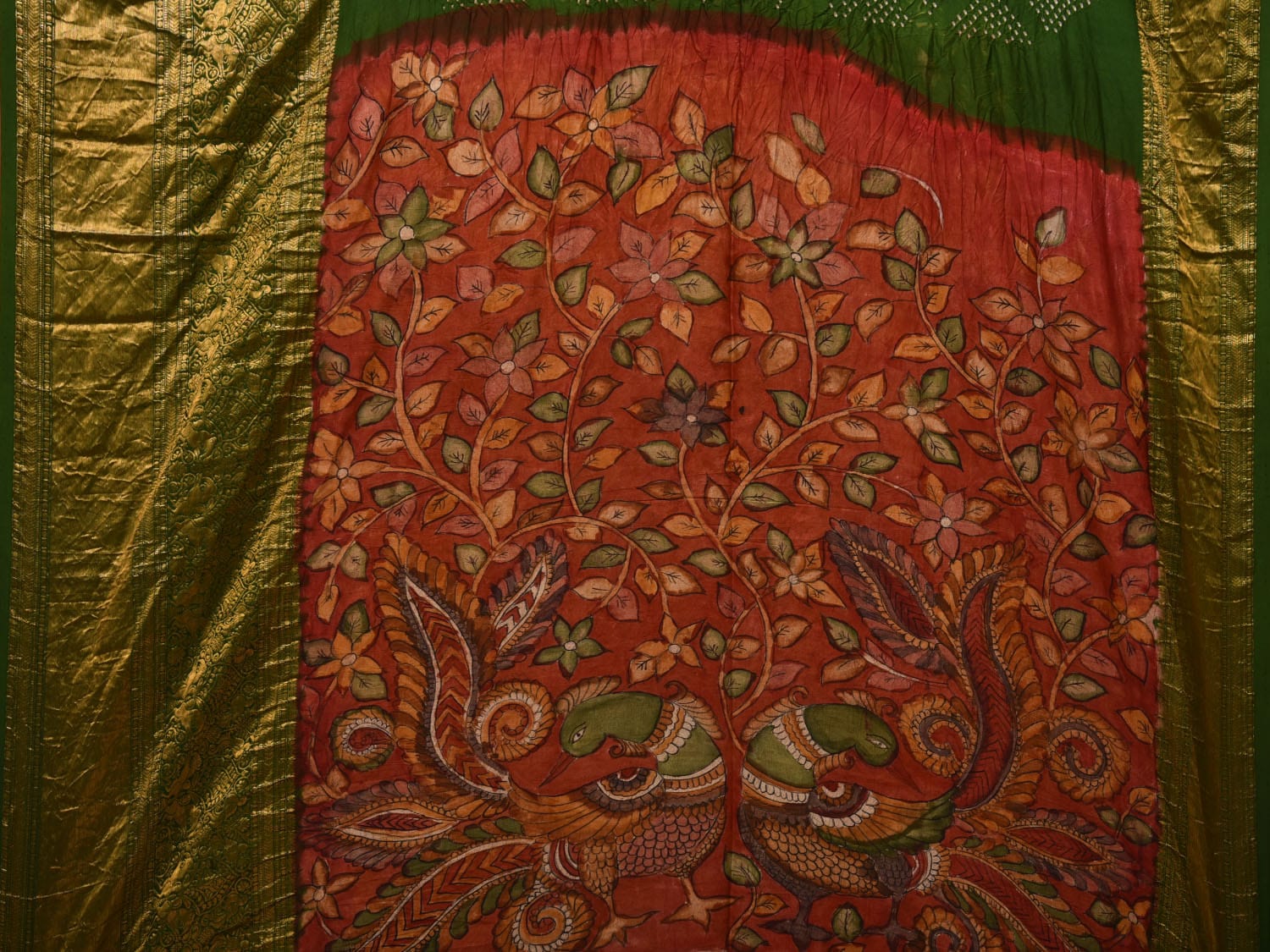 Green Bandhani Kanchipuram Silk Handloom Saree with Kalamkari Pallu and Blouse Design bn0462