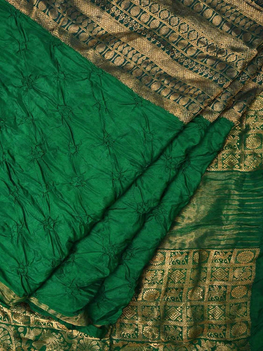 Green Bandhani Kanchipuram Silk Handloom Saree with Middle Brocade Design bn0196