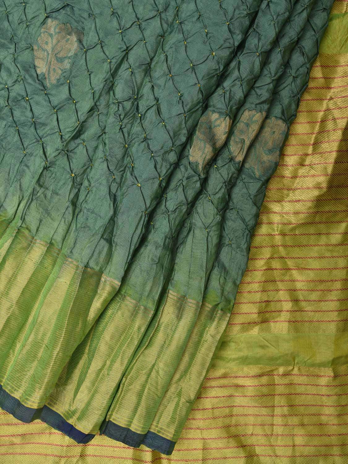 Green Bandhani Kanchipuram Silk Handloom Saree with Nilambari Buta Design bn0219