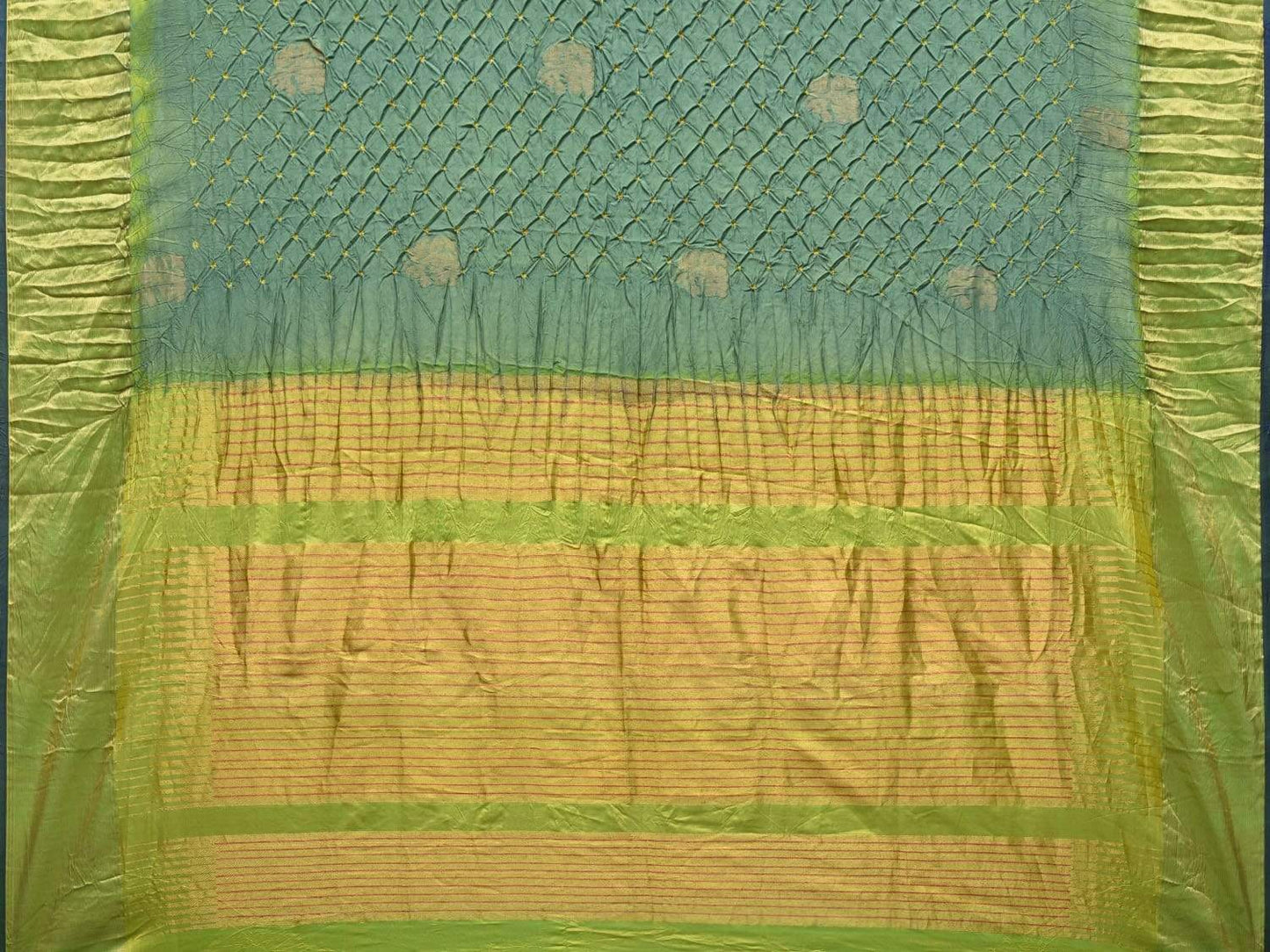 Green Bandhani Kanchipuram Silk Handloom Saree with Nilambari Buta Design bn0219