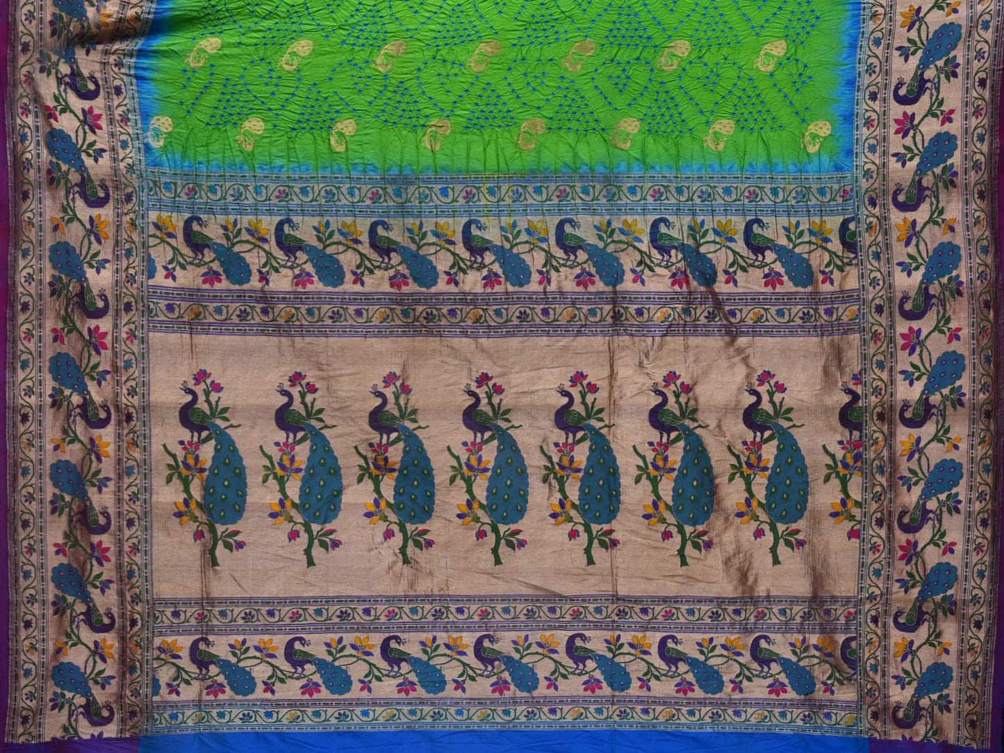 Green Bandhani Paithani Silk Handloom Saree with Border and Pallu Peacocks Design bn0398