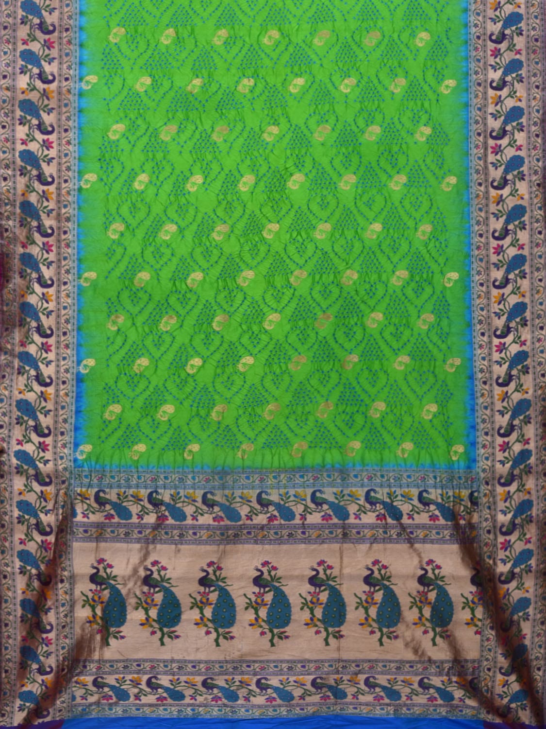 Green Bandhani Paithani Silk Handloom Saree with Border and Pallu Peacocks Design bn0398