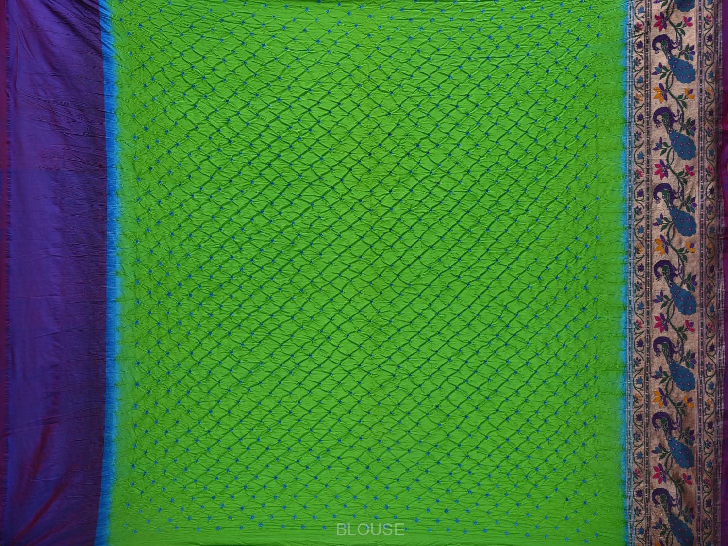 Green Bandhani Paithani Silk Handloom Saree with Border and Pallu Peacocks Design bn0398