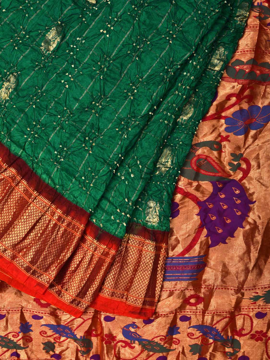 Green Bandhani Paithani Silk Handloom Saree with Pallu Design bn0233