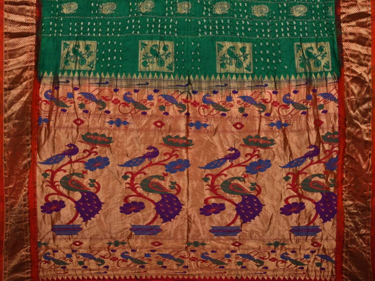 Green Bandhani Paithani Silk Handloom Saree with Pallu Design bn0233