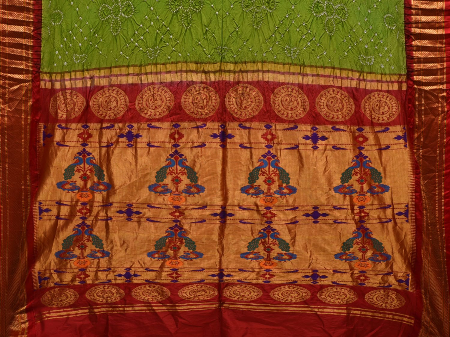 Green Bandhani Paithani Silk Handloom Saree with Pallu Design bn0335