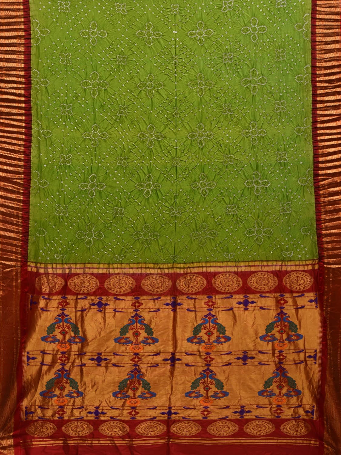 Green Bandhani Paithani Silk Handloom Saree with Pallu Design bn0335