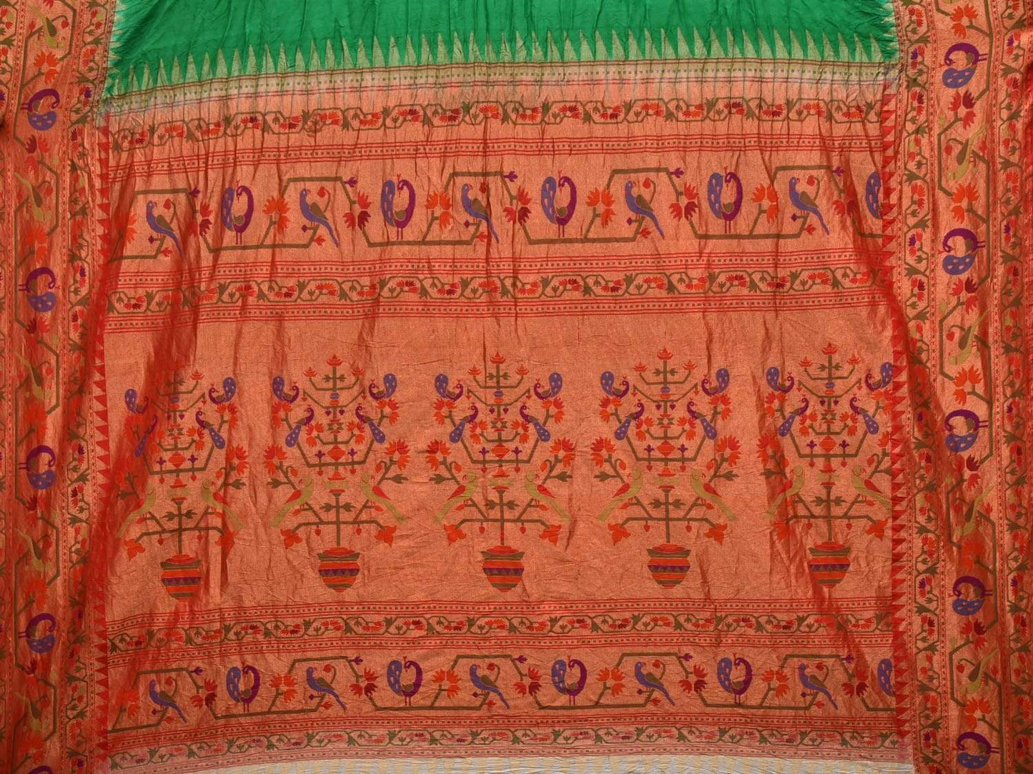 Green Bandhani Paithani Silk Handloom Saree with Peacock Border Design bn0212