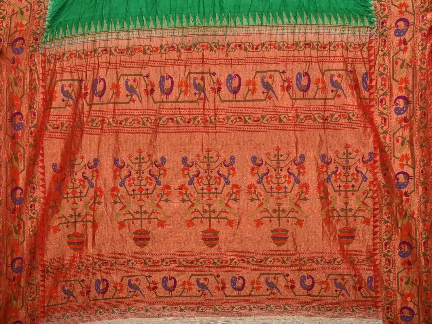 Green Bandhani Paithani Silk Handloom Saree with Peacock Border Design bn0212