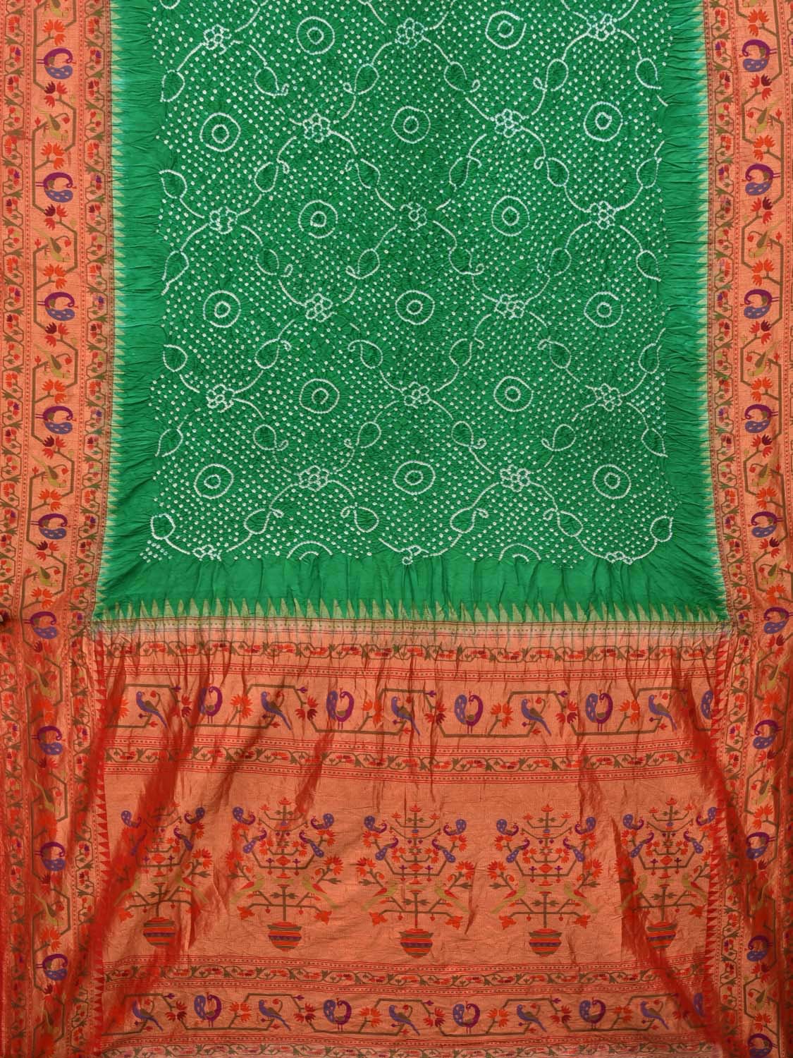 Green Bandhani Paithani Silk Handloom Saree with Peacock Border Design bn0212