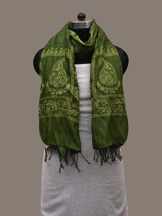 Green Bandhani Silk Handloom Stole with Mango Design ds2902